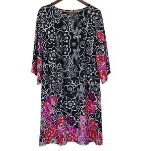 NY Collection Black Pink Floral Womens 3/4 Sleeve Shift Dress Size Large